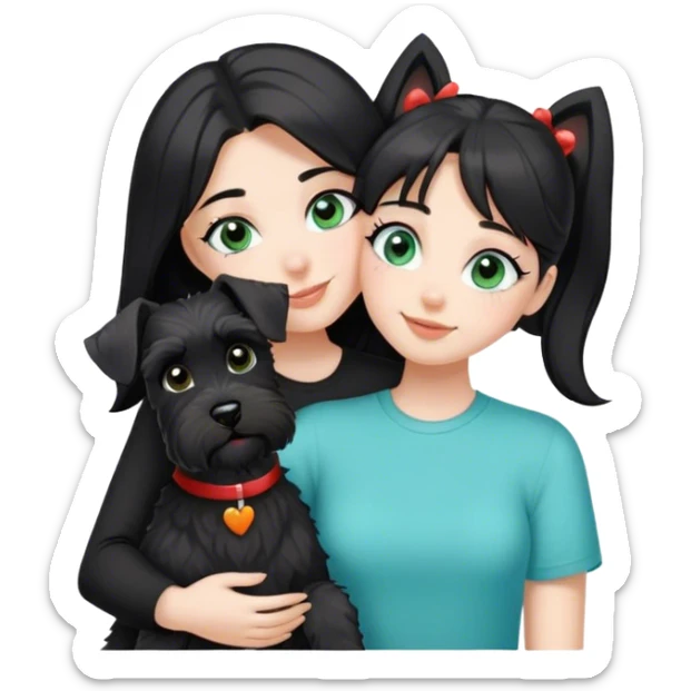 pale girl with light green blue eyes and long black hair wearing black shirt kissing female schnauzer holding smiling black schnauzer  sticker
