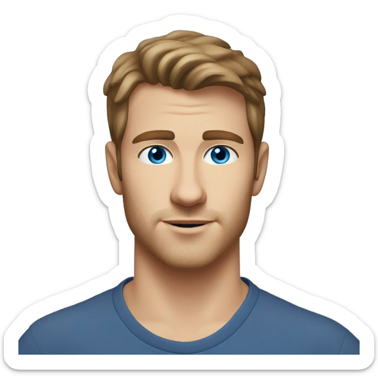 A head and shoulders shot of a 25 year old Caucasian man, with short brown hair, with stubble facial hair,   with blue eyes wearing a t-shirt. sticker