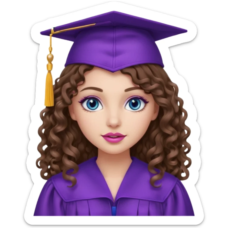 girl with curly and long wavy brown hair, blue eyes, long lashes makeup, sexy pink lips, wearing a purple graduation cap and gown sticker