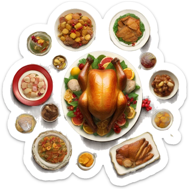 vintage wooden table with christmas feast of turkey and foods sticker