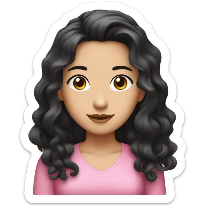 Beautiful girl,Black hair,wavy hair，long hair,Black eyes,Chinese, typing on computer, pink top sticker