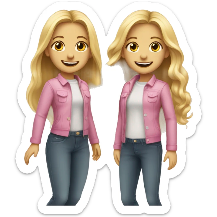 An emoji of twin girls with long blonde hair, standing side by side, wearing matching outfits and smiling sticker