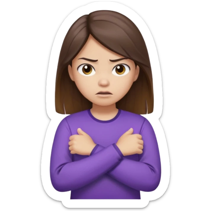 Angry Pouty girl with small asian eyes folding arms in a purple longsleeve shirt she has fair skin and long length brown hair with highlights sticker