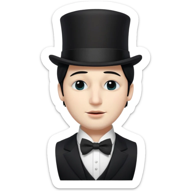 A man with snow white skin, a black half mask with an eye hole, a black top hat, a black vest with a black tie tucked underneath, and a white collared shirt. Closed eyes. sticker