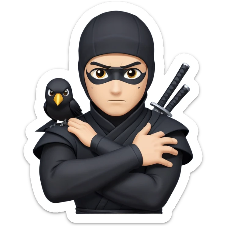 clash-of-clans-aesthetic_-cinematic-mysterious-male-ninja-portrait-emoji, rendered in a flat, vector-style with minimal shading and bold, simplified shapes, his arm is stretched out  with a head slightly turned revealing intense, focused eyes. the ninja has his arm out and perched on top of his forearm is  a black crow sticker