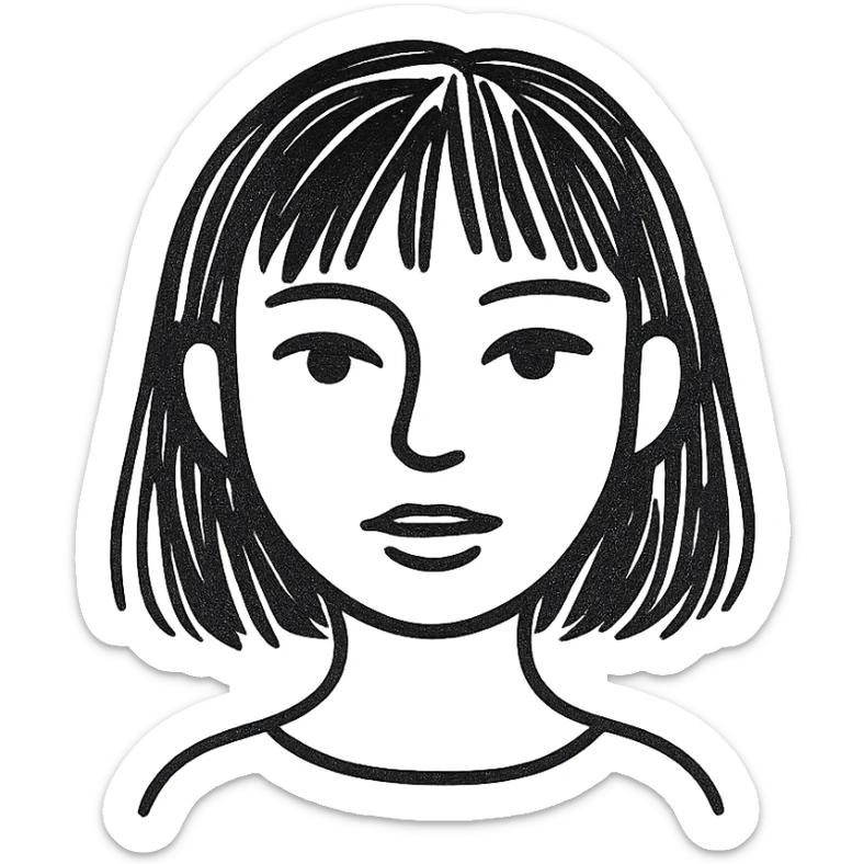 portrait of a girl with black shoulder-length hair, bangs, black almond-shaped eyes, full lips, and straight nose, hand drawn style sticker