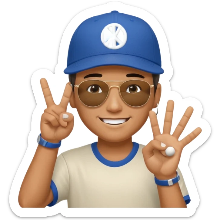 Cool hip guy with NY baseball cap and sunglasses doing a peace sign with one of his hands sticker