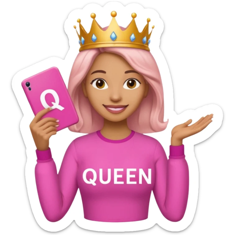 Crear una reina morena clara con ropa rosa sosteniendo la palabra Queen en sus manos sticker