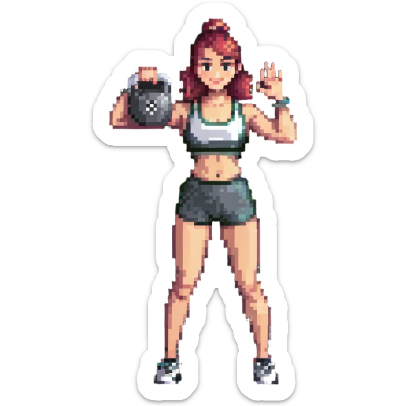 sport girl with kettlebell in one hand and waving hello with the other sticker
