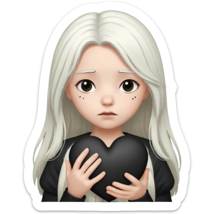 A girl with long white hair is sad and holds a black heart in her hands sticker