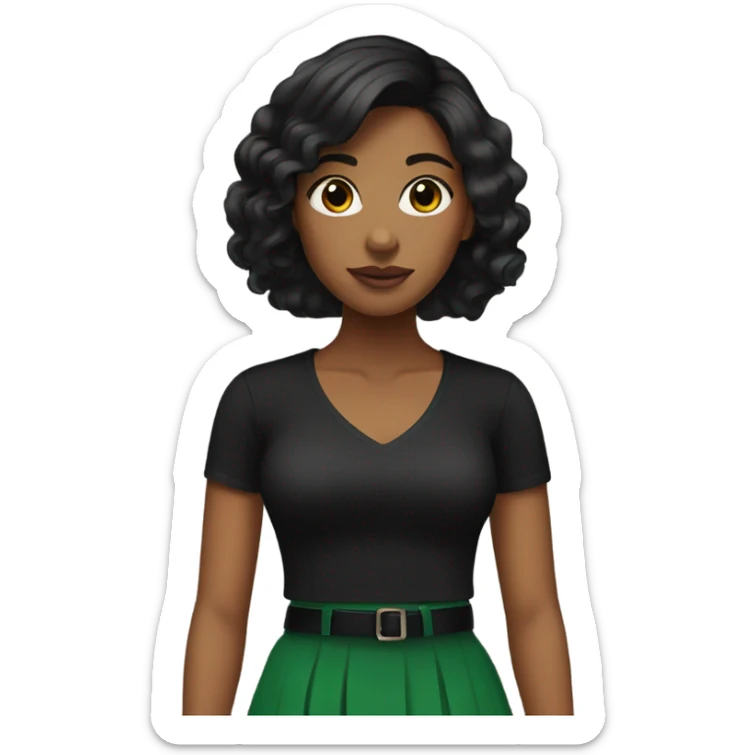 Brown girl with black hair with black shirt green skirt and black heels sticker