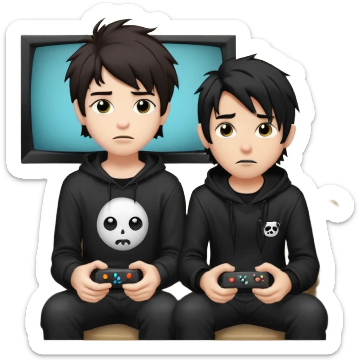 pale Goth boy with a bunch of face piercings, with shaggy dark brown hair, next to a tan skin gamer boy with long black hair , they are watching tv together  sticker