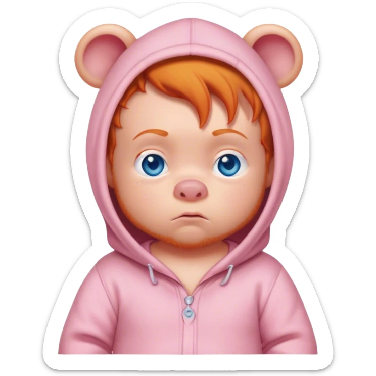 Grumpy ginger baby with blue eyes in onesie with Winnie the Pooh and Piglet on it sticker