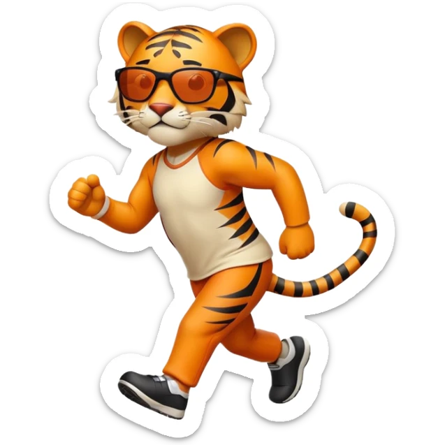 energetic anthropomorphised tiger in sports clothes, wearing dark sunglasses, walking upright sticker