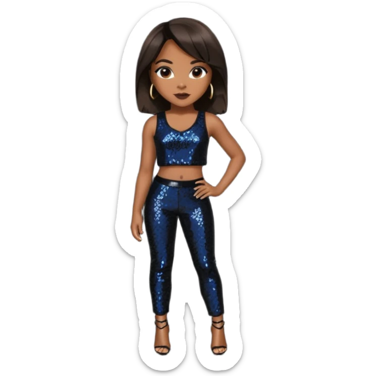 LeToya Luckett with long dark brown hair, black sequin crop top, black sequin pants sticker