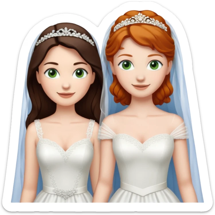 A tall, pale woman with very dark brown hair and green eyes marrying a shorter ginger woman with blue eyes, both in wedding dresses. sticker