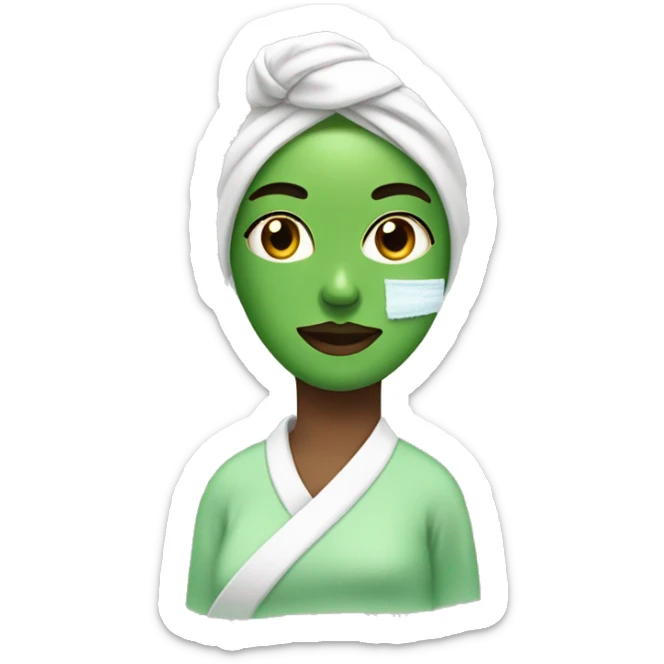 Girl with hair wrapped in towel doing skincare with green face mask on sticker