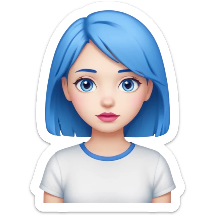 girl with blue hair to shoulders, blue eyes, pink lips, wearing a white shirt sticker