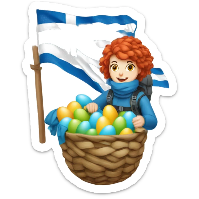Greek Female winter mountaineer red hair white skin climbing with Greek Flag and Easter eggs basket sticker