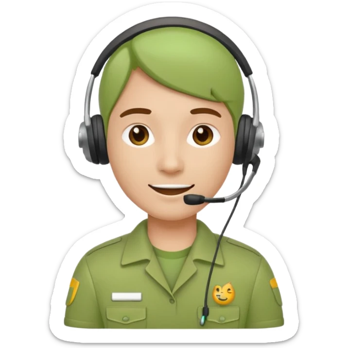A modern flat emoji depicting a call center employee wearing a light green uniform and headset, with a friendly expression, a minimalist design, bright colors, and a white or transparent background. sticker