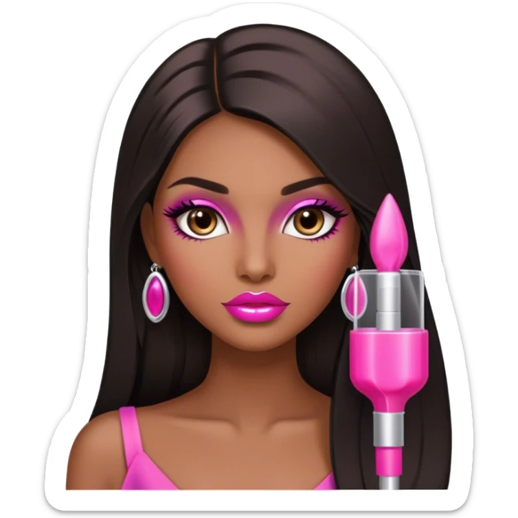 Glamorous, brown, very beautiful girl, with big pump pink lips, long long lashes, black straight smooth silky long hair, straight parting hair, brown eyes sticker