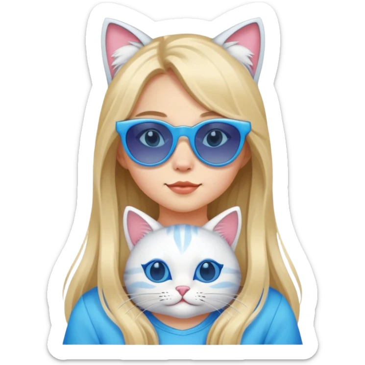a girl with a cute face, long hair but in cat's outfit, and wearing blue sunglasses sticker