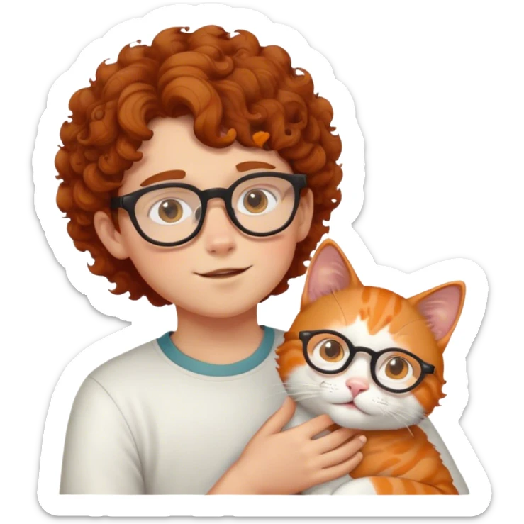Boy with curl brown hair and glasses giga white and orange cat sticker