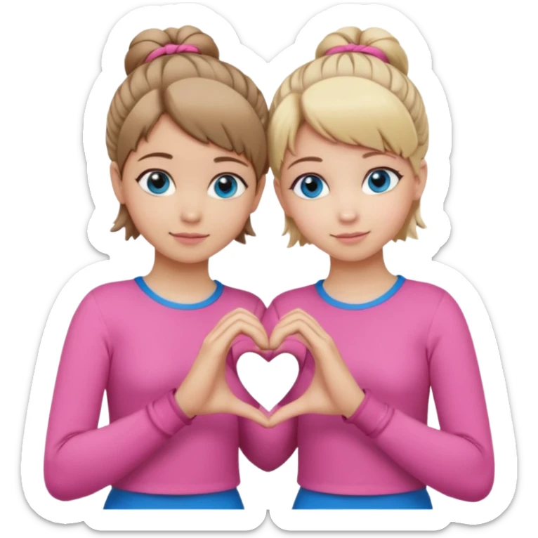 Two best friends making a heart shape with their hands together. One of them has blond hair which is shorter and the other has brown hair tied up. They are both wearing pink outfits. They both have blue eyes  sticker