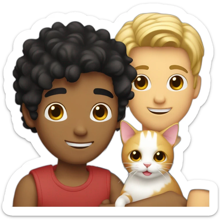 Gay couple, 1 guy Latino black straight black hair and 1 Australian white guy with blonde slightly curly hair holding a cat sticker
