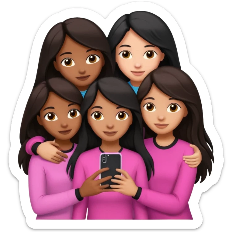 3 brown girl friends with a phone on their hand, one with black long hair light skin,  one with brown hair long and the other one with black with brown medium length hair . Wearing pink glammed up and hugging  sticker