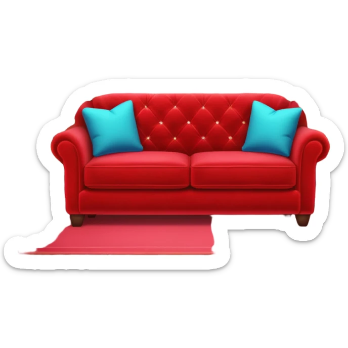 red velvet couch, mic in front, houseplants in back, and a neon sign saying "karaoke", and NO PEOPLE IN IT sticker