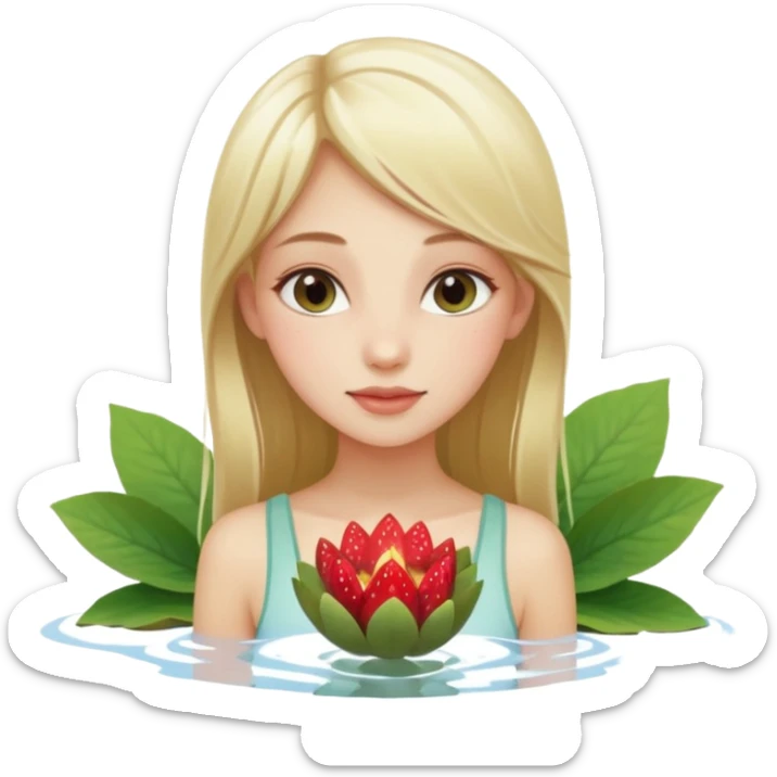 a beautiful girl mix with  watel lili and  Strawberries  being born with an nenuphar on her light hair sticker