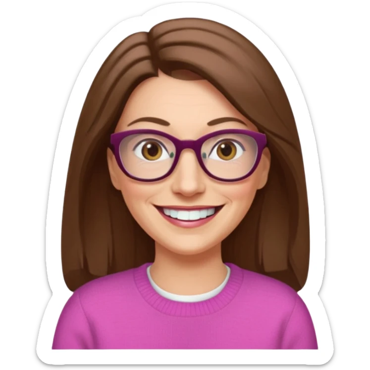 50 yr Caucasian woman, long brown hair parted on side, brown eyes, glasses,big smile, white teeth, pink sweater sticker