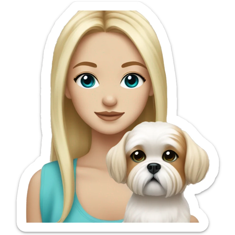 Girl with lots of freckles on her face, long blonde hair, and bright blue and green eyes holding an all beige shih tzu dog  sticker