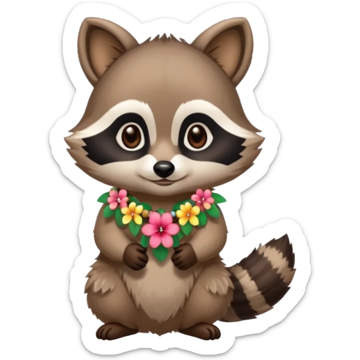 A cute chibi playful raccoon wearing a hawaiian flower necklace, looking festive. sticker