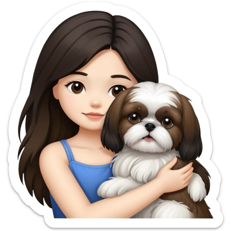 A girl with black highlighted long hair hugging a Shih Tzu dog sticker