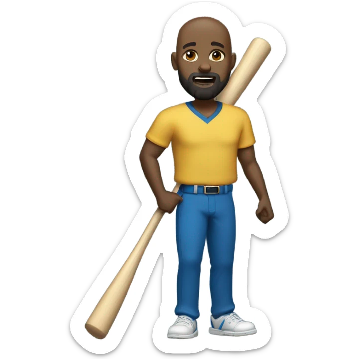 A bald black man dressed in gold shirt and blue pants with a beard and goatee in dark shades with a baseball bat. sticker