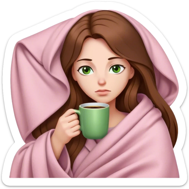 woman with very long brown hair and green eyes in a light pink blanket sleepy with coffee sticker
