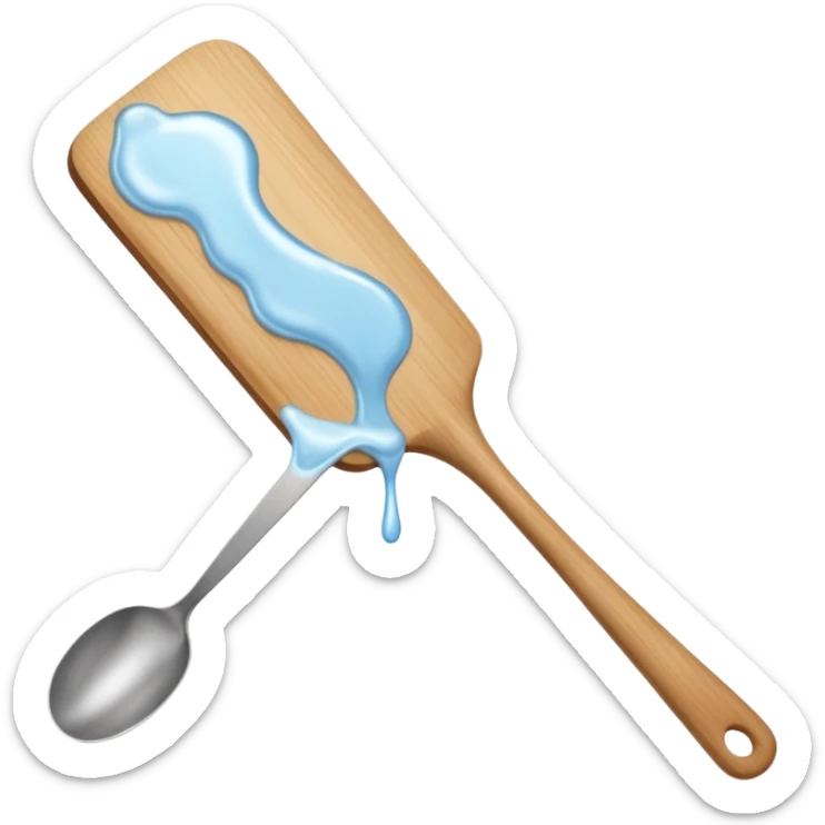 a close-up, minimalist shot of a viscous, pearly substance slowly dripping from a wooden spatula against a neutral gray background. sticker