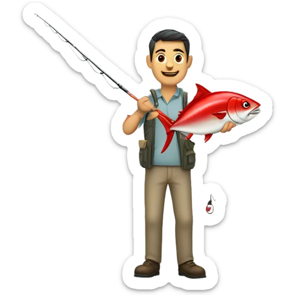husband holding fishing rod with red fishing line hooked tuna sticker