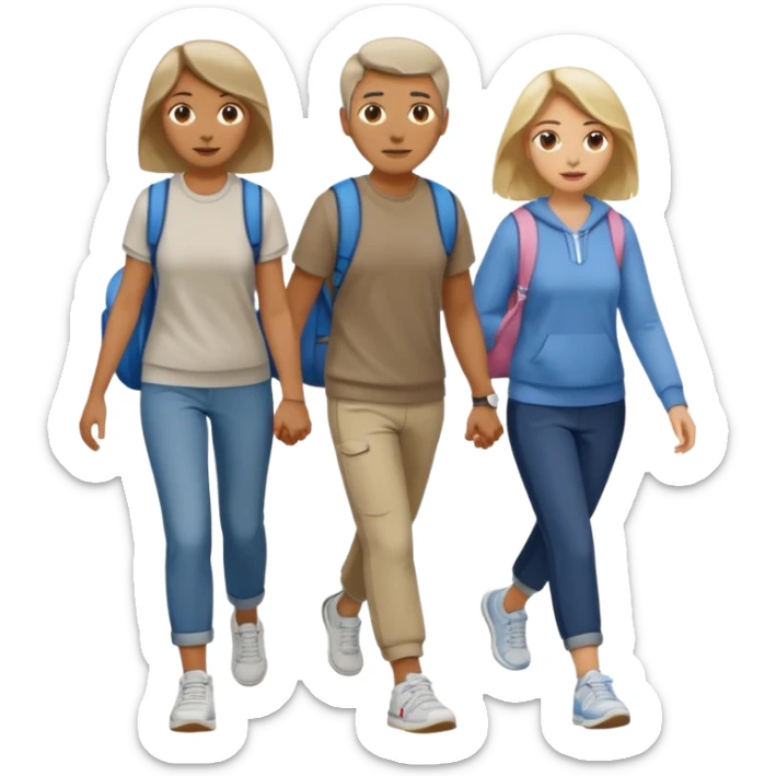 iOS emoji style - a men and 2 women in casual clothes and wearing trainers. Walking in the same direction quickly together. 
Not holding hands. No backpacks. 
 sticker
