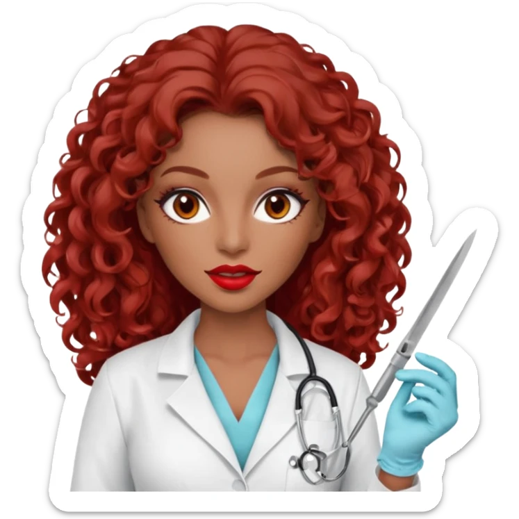 Seductress woman scalpel in hand, evil surgeon sexy surgeon clothes.  She has red eyes. Her  brown long curly hair. Wears sexy doctor outfit with red gloves. make her hair free and brown but she  wear mouth cover   to hide. Wears white surgeon jacket and  only   death long , long beown hair  sticker