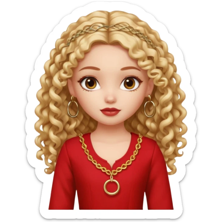 generate a pretty bratz girl with a red kurti, long curly hair, hoops sticker