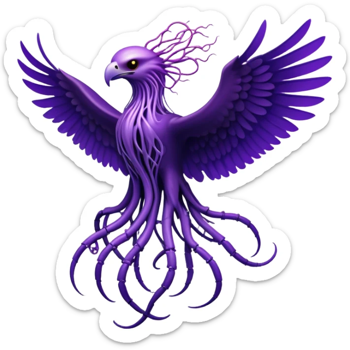 A venomous purple eagle made of poisonous roots and cables with rubber scales that reveal its electric skeleton, possessing both jellyfish-like tendrils and the ability to generate electrical pulses that illuminate the ocean depths. sticker