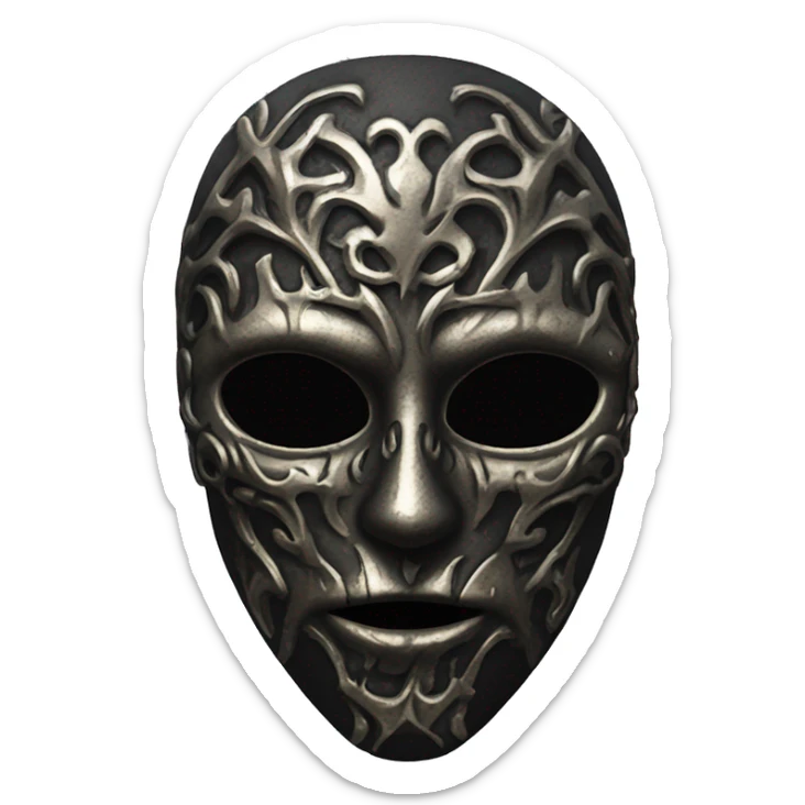  “A dark, metallic mask that covers the whole face, with hollow eyes and intricate, Gothic carvings resembling skulls or twisted patterns. It has a sinister, haunting look, evoking a medieval, eerie vibe.” sticker