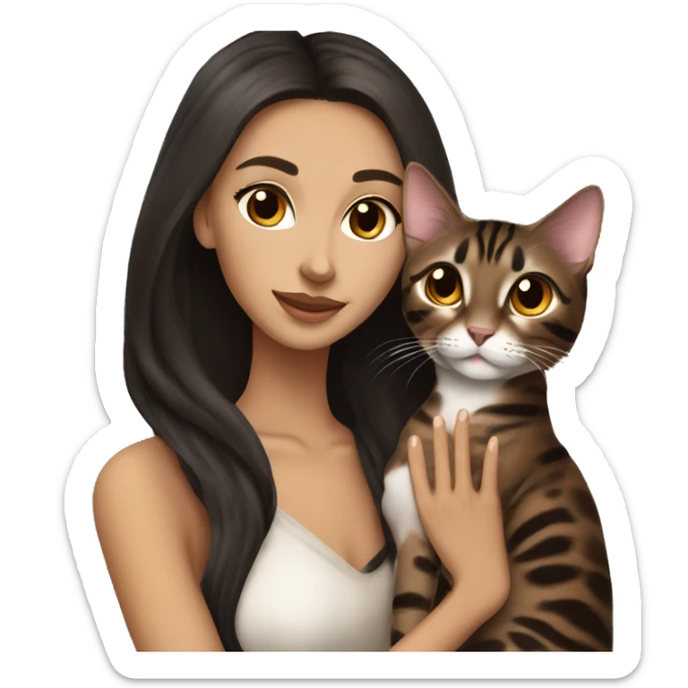 Beautiful skinny woman long dark brown hair in dark dress hug bengal cat sticker