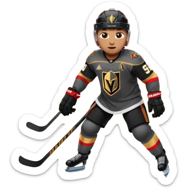 A hockey player in a Vegas Golden Knights black & gold jersey, red accent glow, centered stance, stick on the ice, confident posture. Background subtle red aura with a knight-helmet inspired motif. Clean, bold, emoji-style. sticker