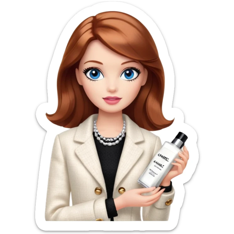 A Barbie girl with blue eyes, shoulder-length reddish-brown hair with makeup, wearing a white tweed jacket and a black skirt, holds chanel cream in her hand sticker