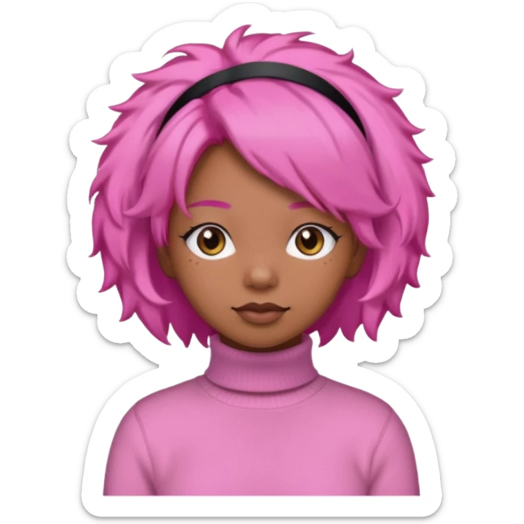 black fluffy haired girl with pink turtleneck sweater and pink hair band sticker