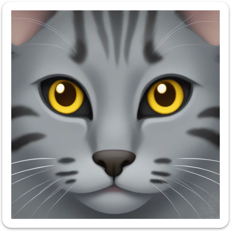 grey cat with some dark grey lines, some lines of brown and black with yellow eyes and a black nose sticker